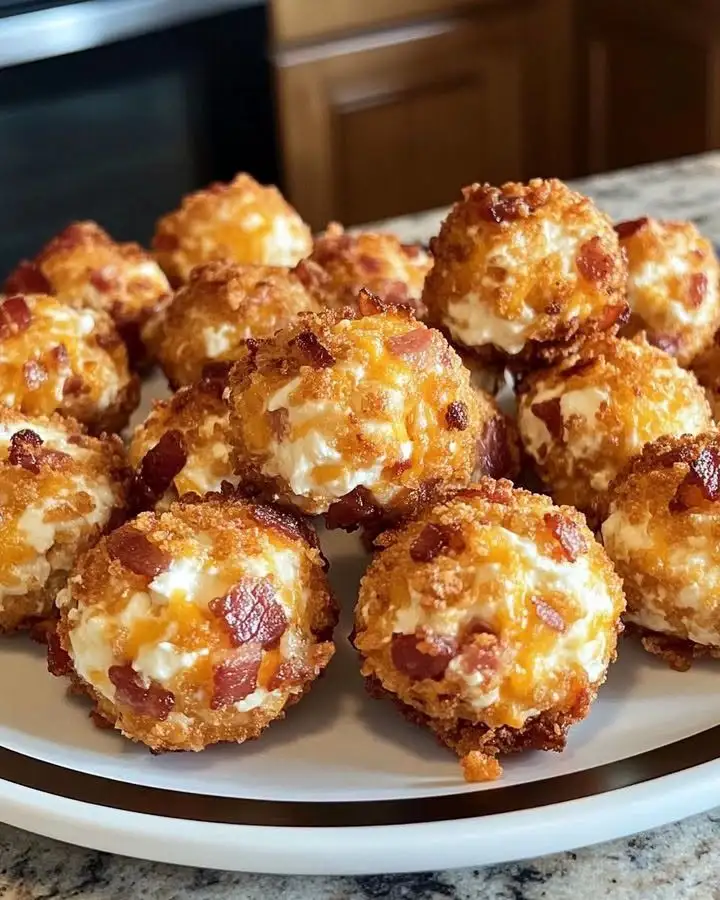 Cremige Bacon Cheddar Käsebällchen mit Pekannüssen als Low-Carb-Party-Snack auf einer Servierplatte.