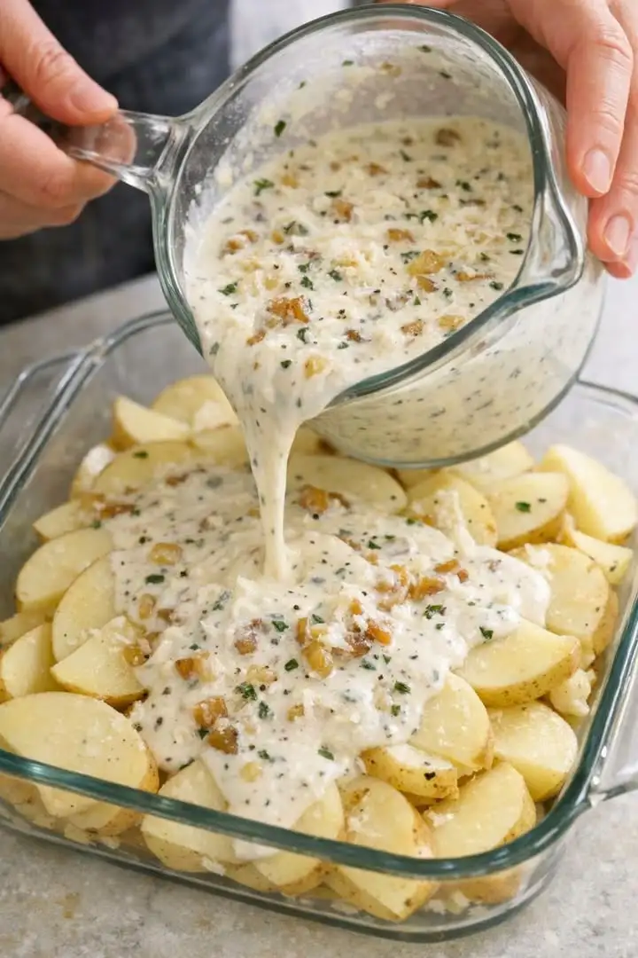 Cremige Ofenkartoffeln Rezept mit Parmesan, Sahnesauce und goldbrauner Oberfläche in einer Glasauflaufform