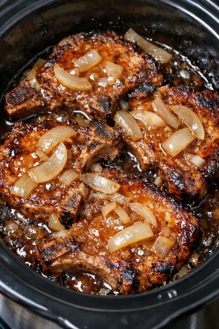 Amish süß-saure Schweinekoteletts aus dem Slow Cooker mit Zwiebeln und glänzender brauner Zucker Essig Glasur