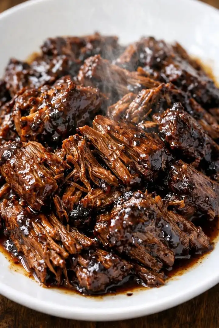 Saftiges Balsamico Pulled Beef aus dem Slow Cooker mit würziger Balsamico-Sauce.