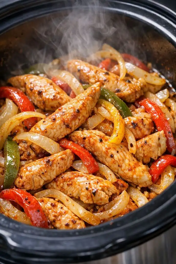 Farbenfrohe Slow Cooker Chicken Fajitas in warmen Tortillas serviert mit frischer Avocado und Limettenspalten.