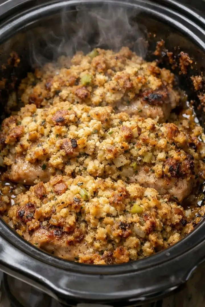 Saftige 3-Zutaten-Schweinekoteletts mit einer goldbraunen, fluffigen Stuffing-Füllung direkt aus dem Slow Cooker serviert.