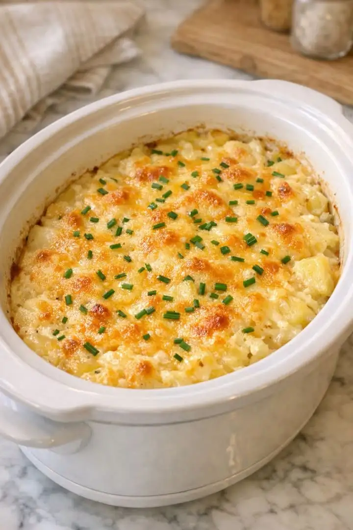 Slow Cooker Parmesan Kartoffeln mit cremiger Parmesan-Sahne und goldener Käsekruste im Slow Cooker serviert