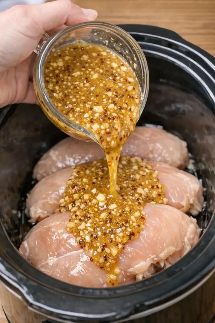 Zartes Honig-Senf-Hähnchen aus dem Slow Cooker, angerichtet auf Eiernudeln mit reichlich Sauce und frischer Petersilie.