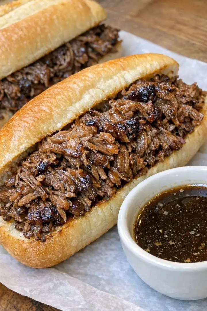 Saftiges Slow Cooker French Dip Sandwich mit geschmolzenem Käse und einer Schale warmem Au Jus Dip.