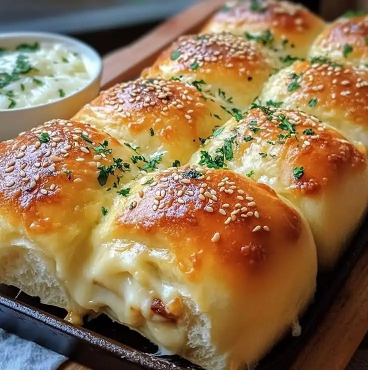 Goldbraun gebackenes Käsebrot mit flüssigem Kern aus Mozzarella, bestreut mit Sesam und frischer Petersilie.