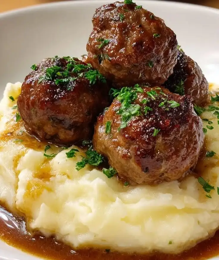 Hausgemachte, saftige Fleischbällchen mit Kartoffelpüree und brauner Sauce auf einem weißen Teller serviert.