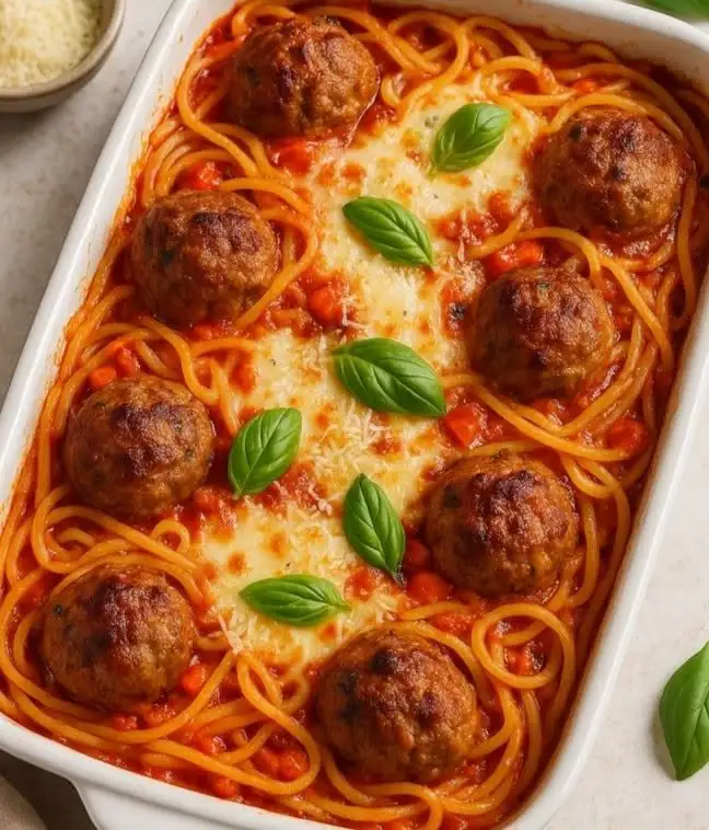 Ein goldgelb überbackener Spaghetti mit Hackbällchen auflauf in einer Auflaufform mit geschmolzenem Mozzarella und frischem Basilikum.