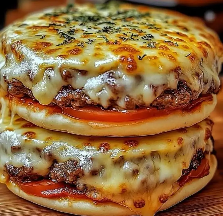 Ein fertig überbackener Pizza Burger nach diesem Rezept mit geschmolzenem Mozzarella und italienischen Kräutern auf einem Holzbrett.
