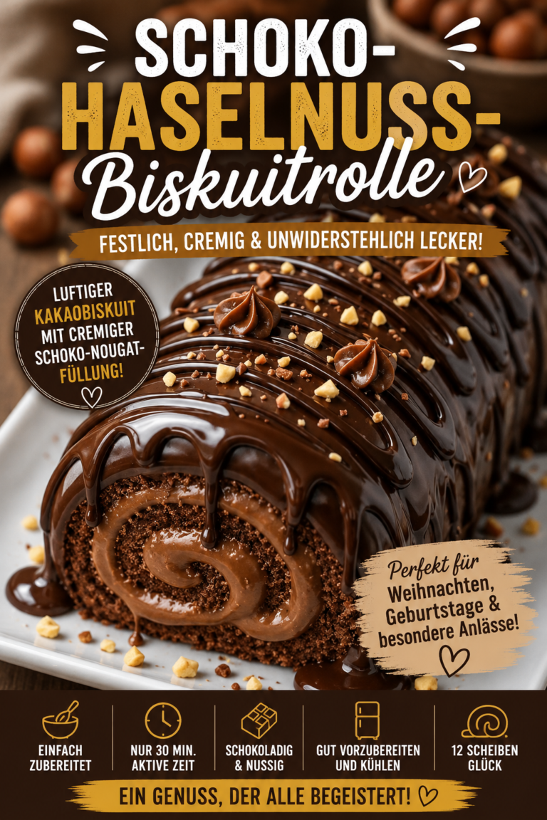 Schoko-Haselnuss-Biskuitrolle mit dunkler Schokoladenganache und gehackten gerösteten Haselnüssen