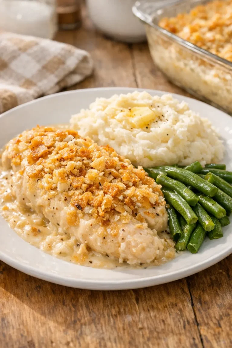 Ofen Hähnchenauflauf mit Crackern in einer Glasauflaufform mit cremiger Sauce und goldbrauner Butterkruste