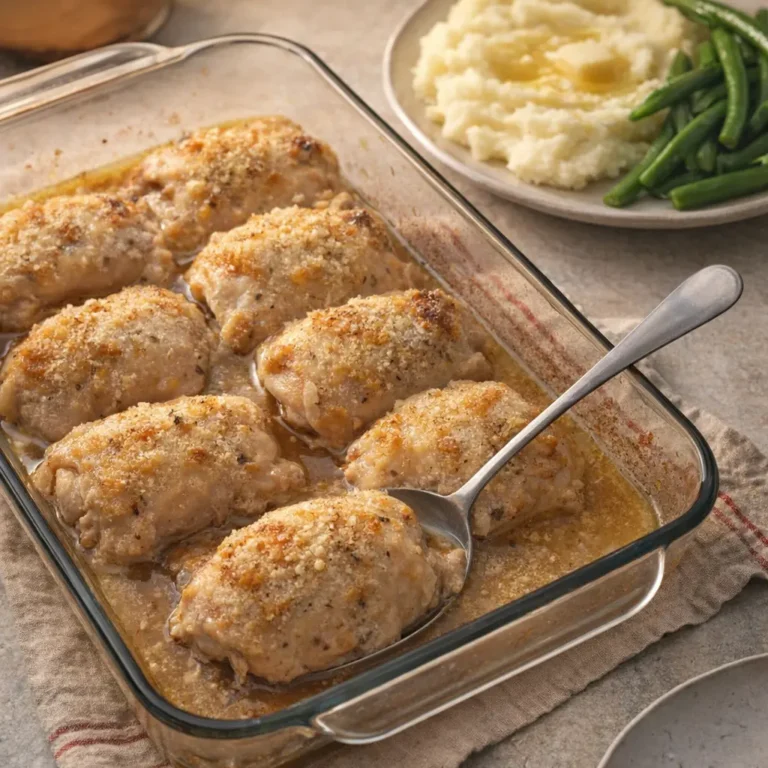 Ofen Hähnchenschenkel Rezept mit Parmesan, Knoblauch und würziger Sauce in einer Glasauflaufform