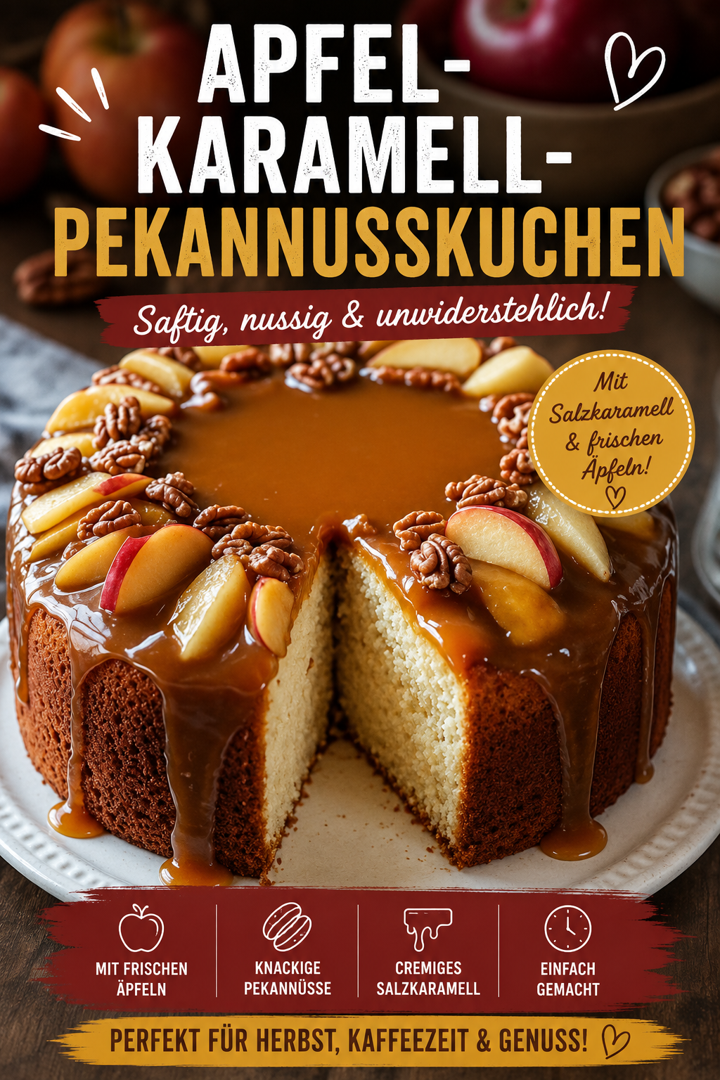 Saftiger Apfel-Karamell-Pekannusskuchen mit roten Apfelscheiben, Pekannüssen und glänzender Salzkaramellsoße