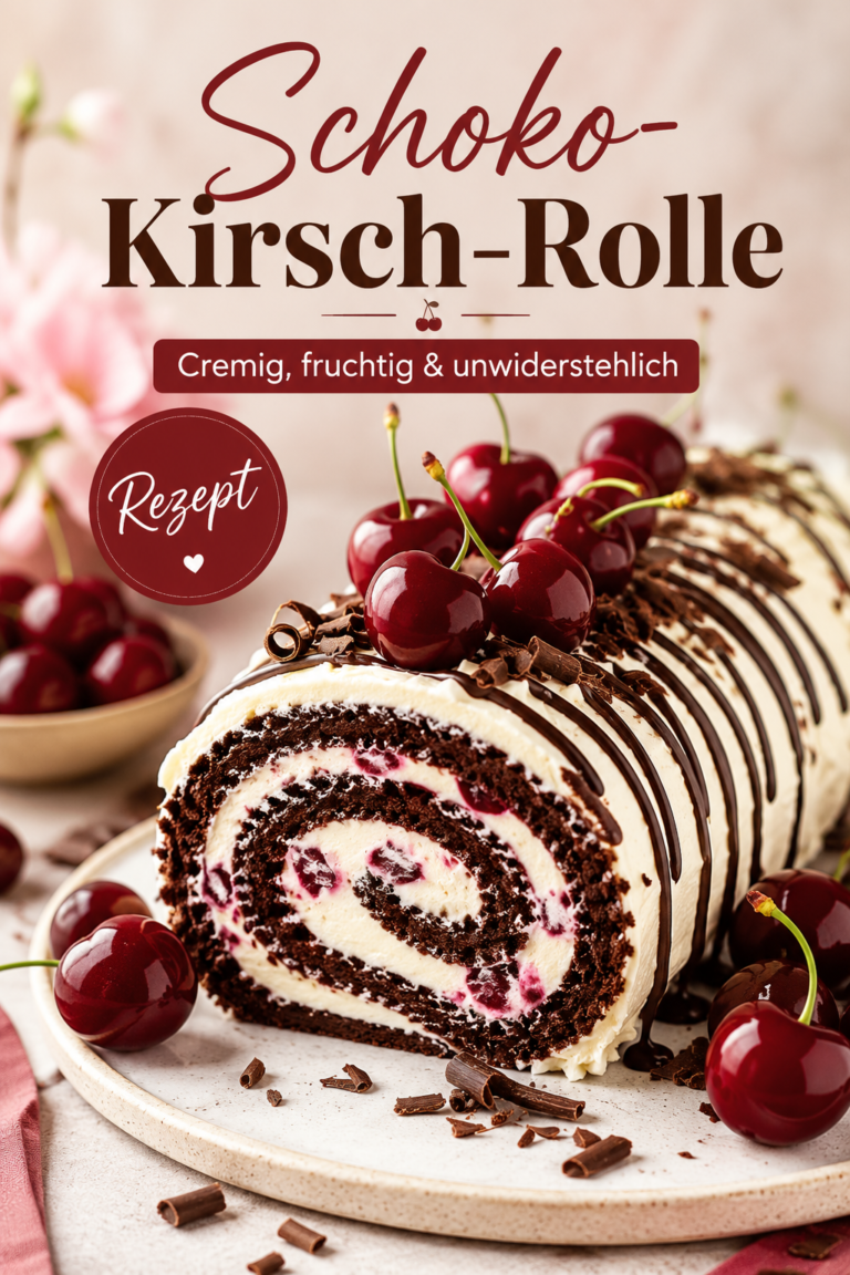 Schoko-Kirsch-Biskuitrolle mit Kakaobiskuit, cremiger Frischkäse-Sahne-Füllung, Kirschen und Schokoladendekoration