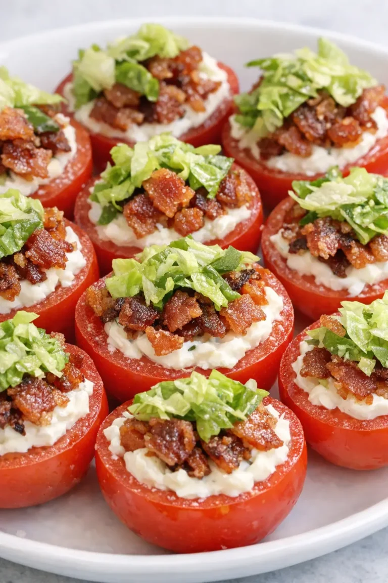 Frische BLT Tomaten Häppchen mit knusprigem Bacon, Mayonnaise und Salat auf einer weißen Servierplatte.