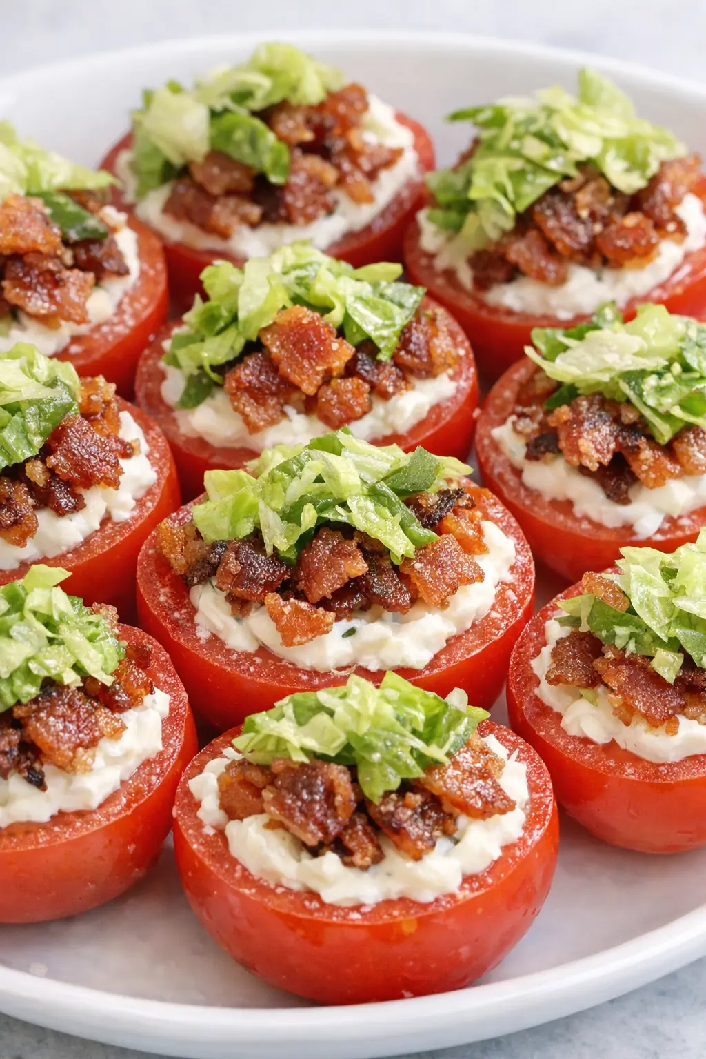 Frische BLT Tomaten Häppchen mit knusprigem Bacon, Mayonnaise und Salat auf einer weißen Servierplatte.