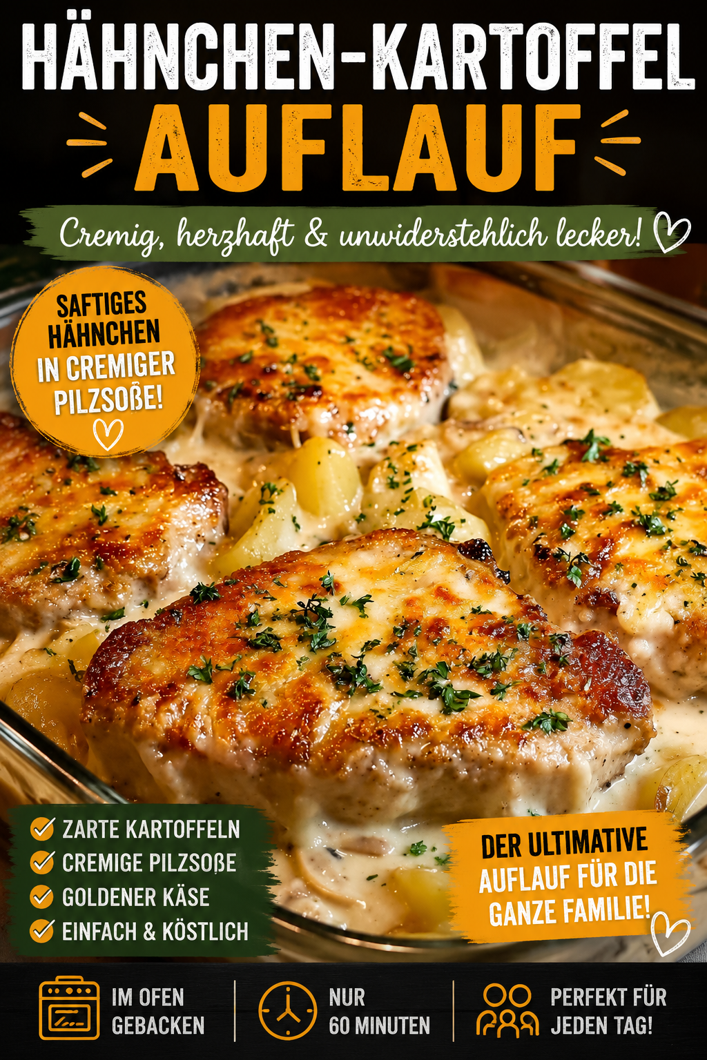 Cremiger Hähnchen-Kartoffel-Auflauf mit Pilzsoße, goldbraunem Cheddar und zarten Kartoffelscheiben