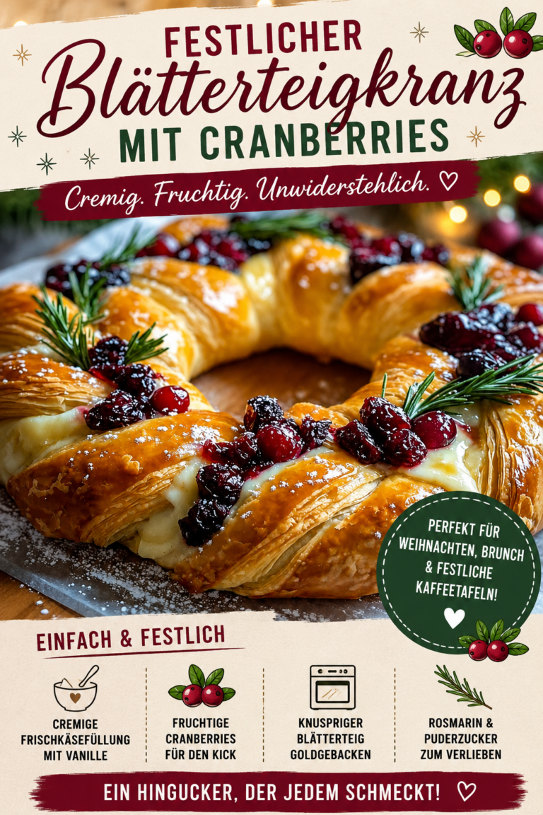 Goldbrauner Cranberry-Blätterteigkranz mit Frischkäse, Cranberrykonfitüre, Puderzucker und frischem Rosmarin