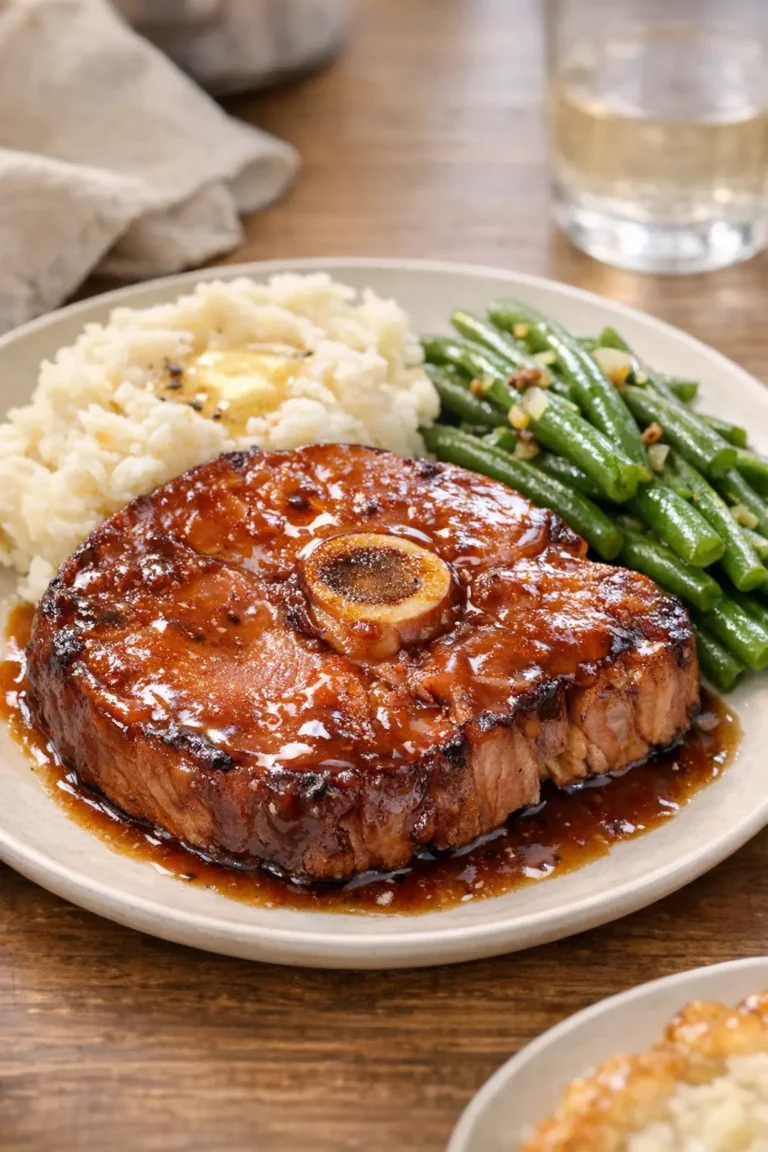 Slow Cooker Schinkensteaks mit glänzender Ananas-Dijon-Glasur auf einem Teller