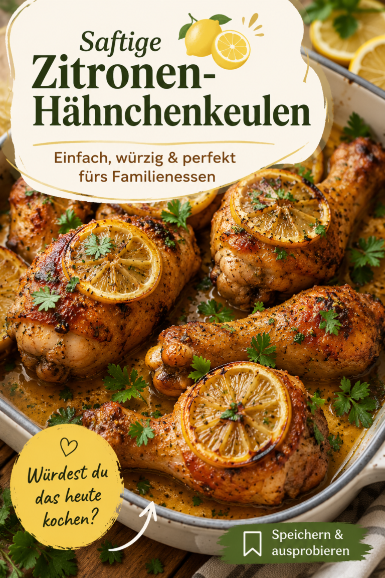 Goldbraune Zitronen-Hähnchenkeulen aus dem Ofen mit Knoblauch, Kräutern, Zitronenscheiben und frischer Petersilie