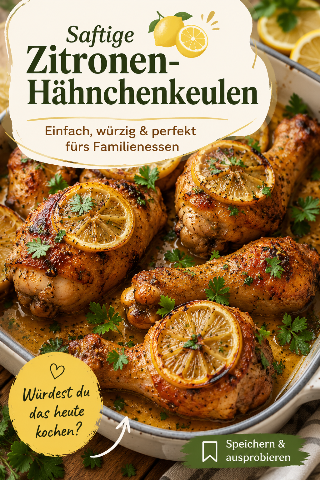Goldbraune Zitronen-Hähnchenkeulen aus dem Ofen mit Knoblauch, Kräutern, Zitronenscheiben und frischer Petersilie