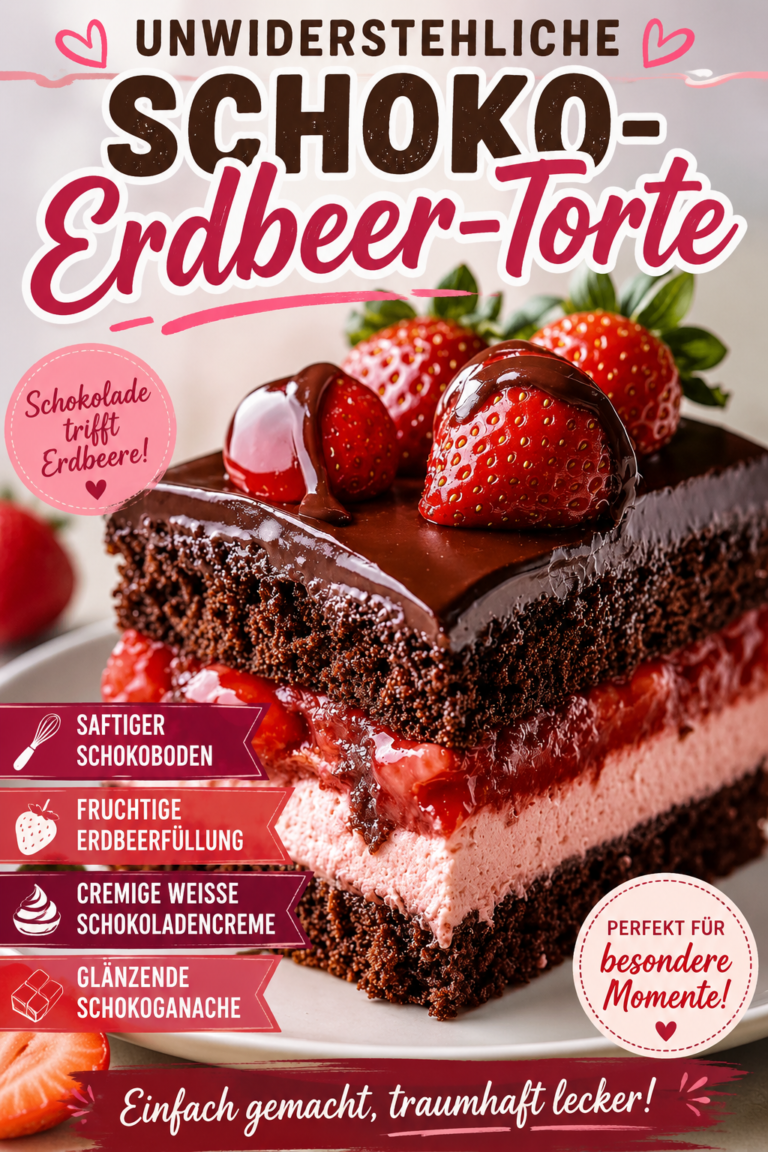 Festliche Schoko-Erdbeer-Torte mit weißer Schokoladencreme, fruchtiger Erdbeerfüllung, dunkler Ganache und frischen Erdbeeren
