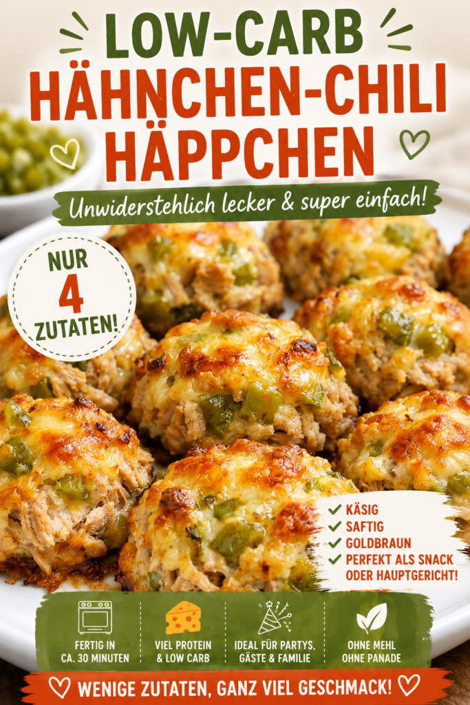 Goldbraune Low-Carb-Hähnchen-Chili-Häppchen mit geschmolzenem Käse und milden grünen Chilis auf einer Servierplatte