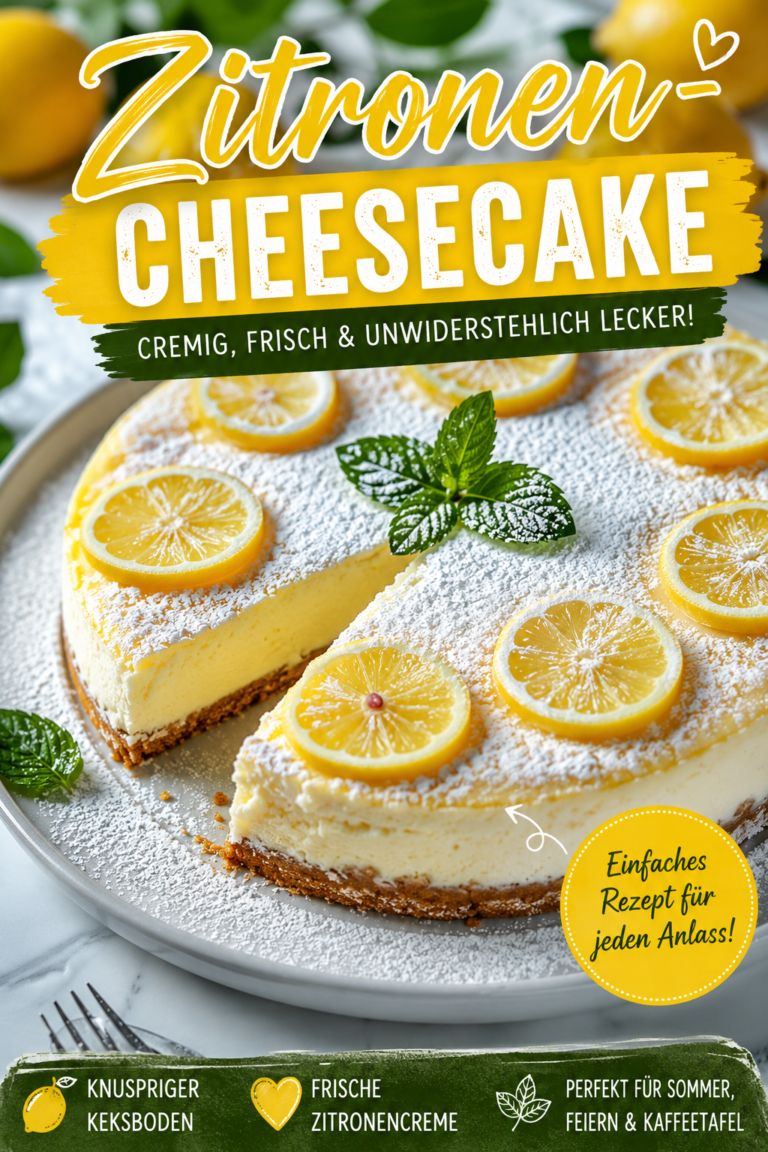 Gebackener Zitronen-Cheesecake mit cremiger Frischkäsefüllung, knusprigem Keksboden, Zitronenscheiben und frischer Minze