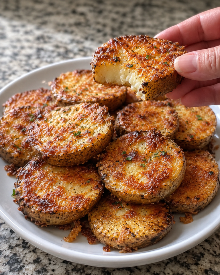 Knusprige Käse-Kartoffelrunden mit goldbrauner Käsekruste auf einem Teller serviert