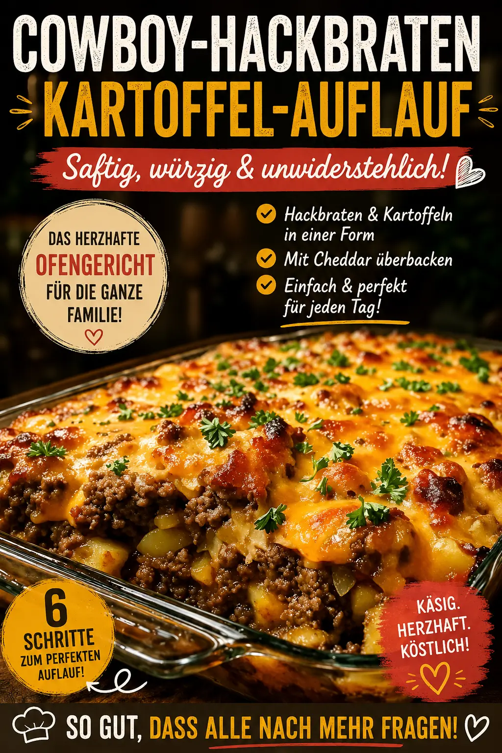 Cowboy-Hackbraten-Kartoffel-Auflauf mit würzigem Rinderhack, goldbraunen Kartoffeln und geschmolzenem Cheddar