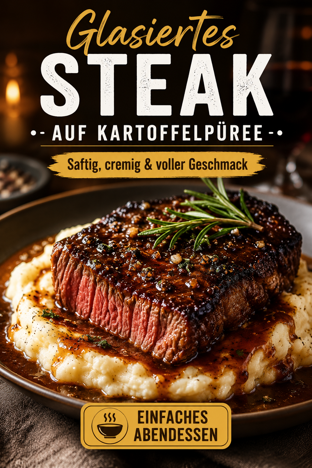 Glasiertes Steak auf Kartoffelpüree mit würziger BBQ-Sauce, Knoblauch und frischem Rosmarin