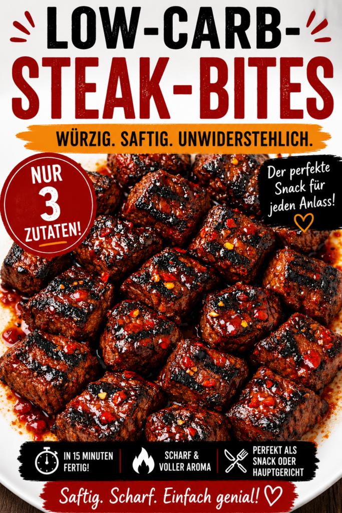 Saftige Low-Carb-Steak-Bites mit würziger Chili-Knoblauch-Sauce und goldbrauner Kruste auf einem Teller