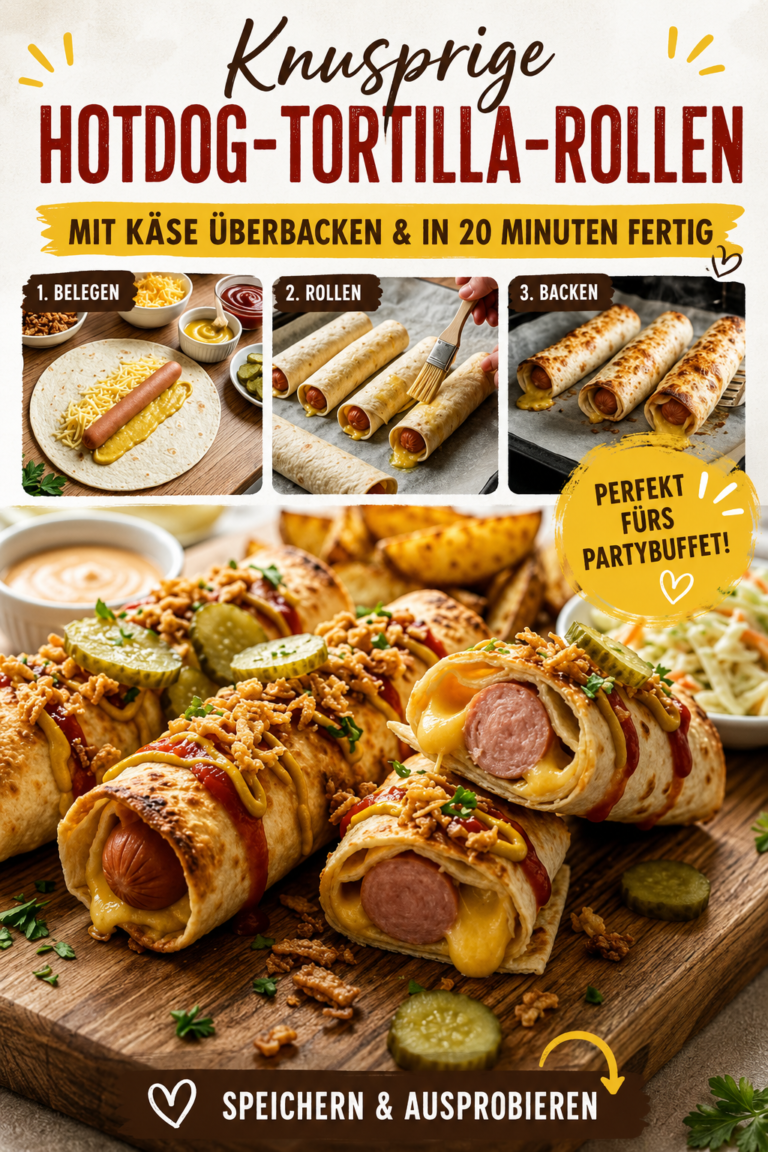 Goldbraune Hotdog-Tortilla-Rollen mit Käse, Würstchen, Ketchup, Senf, Gewürzgurken und Röstzwiebeln