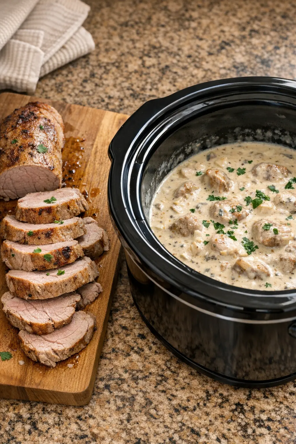 Slow Cooker Schweinefilet Pasta mit cremiger Sahnesauce und zartem Schweinefilet in einer Schüssel serviert