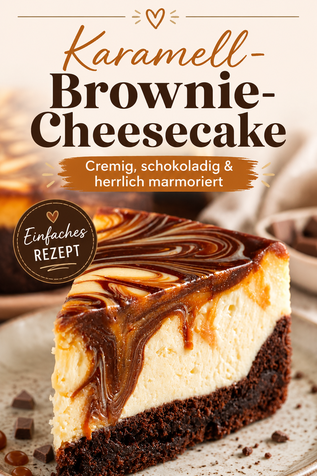 Marmorierter Karamell-Brownie-Cheesecake mit saftigem Schokoladenboden, cremiger Frischkäsefüllung