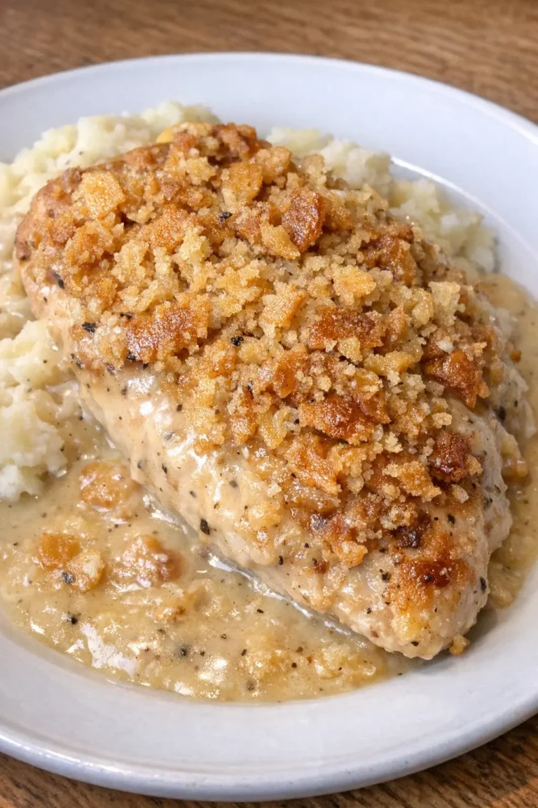 Slow Cooker Buttercracker Hähnchen mit cremiger Sauce und goldener Crackerkruste auf einem Teller