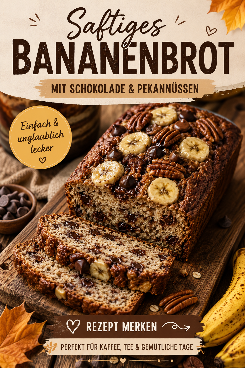 Saftiges Bananenbrot mit Pekannüssen und Schokolade, dekoriert mit Bananenscheiben, Nüssen und