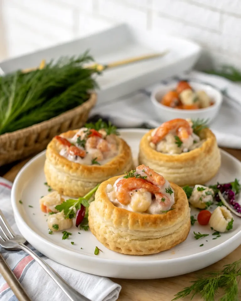 Vol-au-Vent mit Meeresfrüchten mit Garnelen, Lachs und cremiger Dill-Sahne-Sauce auf einem Teller