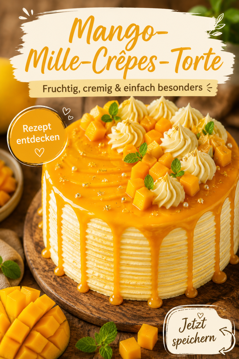 Mango-Mille-Crêpes-Torte mit luftiger Mangocreme, glänzendem Mangoguss, frischen Mangowürfeln und weißer Schokolade