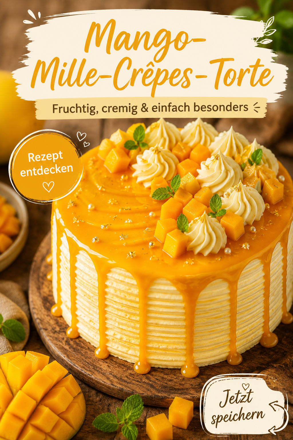 Mango-Mille-Crêpes-Torte mit luftiger Mangocreme, glänzendem Mangoguss, frischen Mangowürfeln und weißer Schokolade